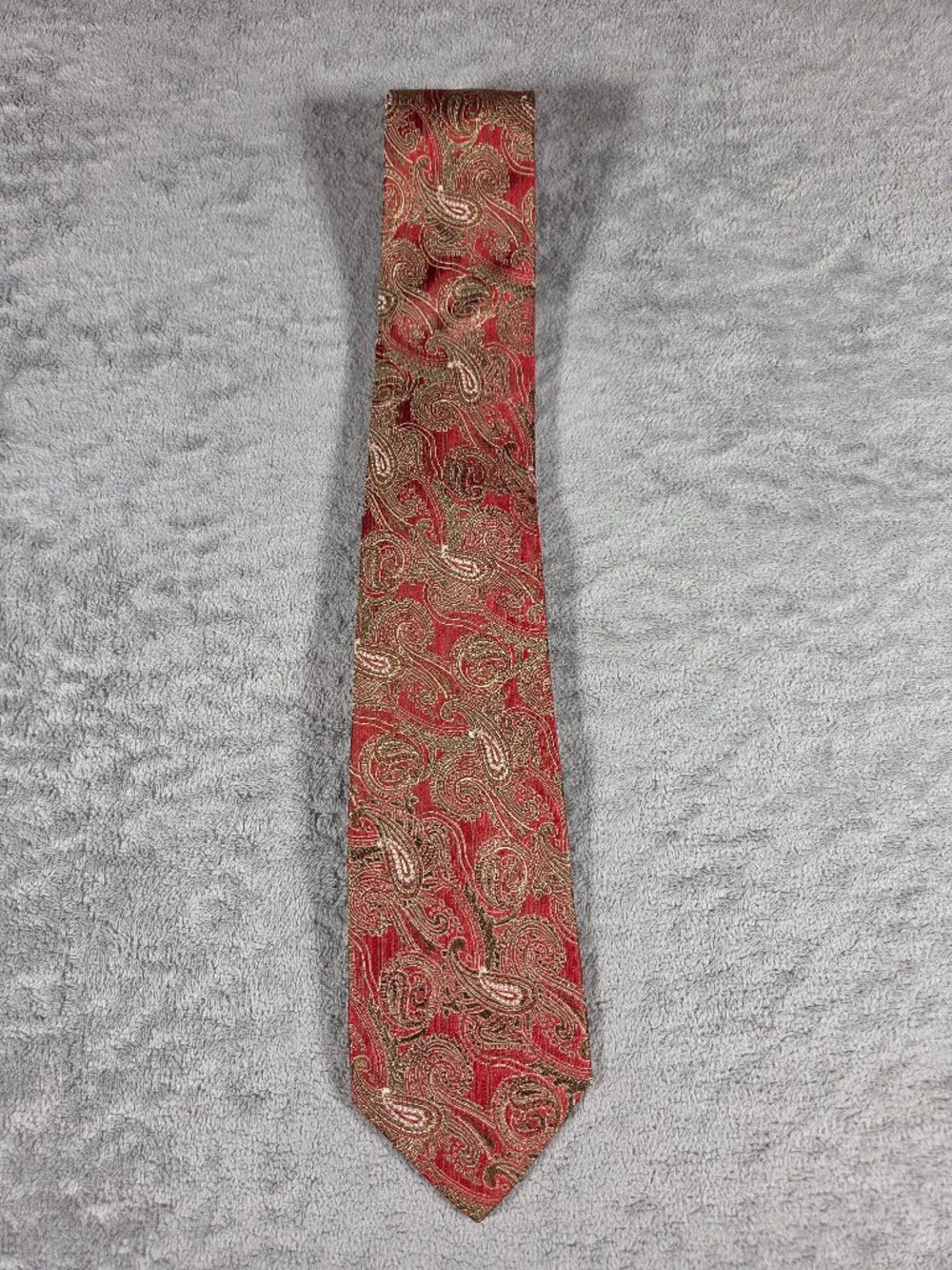 Peacock Handmade Paisley Print Necktie 100% Silk Red, Gold and Olive
